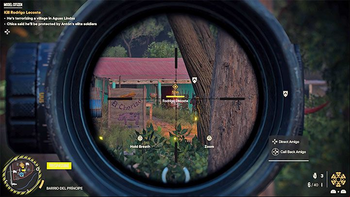 The best way to complete this mission is to identify Rodrigo using your smartphone and then kill the mission target with a long range shot - Far Cry 6: Model Citizen - walkthrough - Madrugada - Far Cry 6 Guide