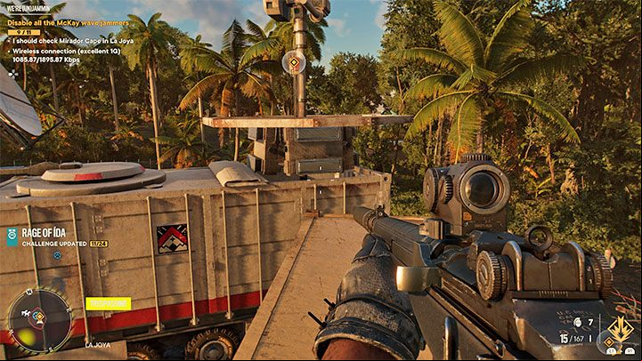 The jammer represented by number 10 on the map requires you to jump to it from a neighboring container (we've shown where to jump from on the picture) - Far Cry 6: Were Unjammin - walkthrough - El Este - Far Cry 6 Guide