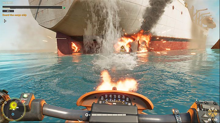 You will notice that the watercraft you took from the harbor is equipped with a gun and you can use it right away to dispatch enemy boats and, above all, to damage the marked section of the cargo ship's hull - Far Cry 6: The Deported - walkthrough - El Este - Far Cry 6 Guide