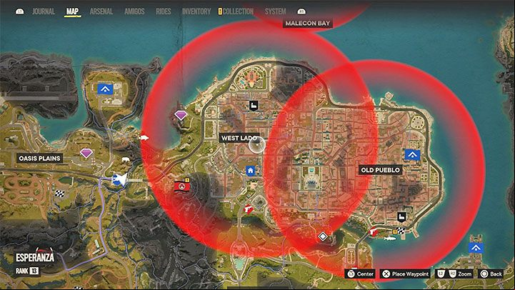 By hovering over the icons of unique locations in the capital, you can highlight the anti-aircraft guns from Esperanza and their range - Far Cry 6: Esperanza - can you fly over it? - FAQ - Far Cry 6 Guide