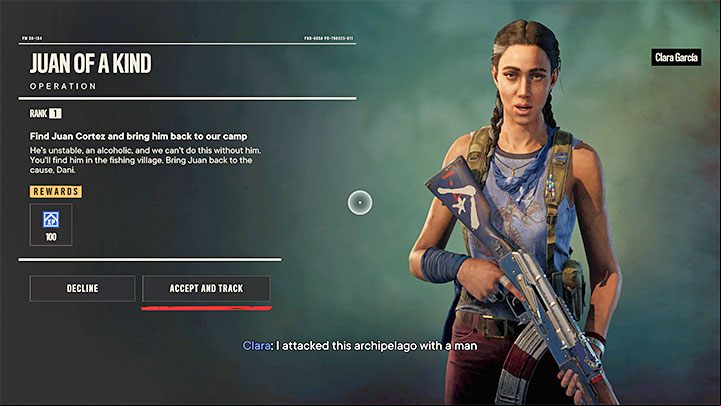 This quest will start in Clara's Camp, which is the first of several rebel hideouts in the game - Far Cry 6: Juan of a Kind - walkthrough - Operations - Prologue - Far Cry 6 Guide