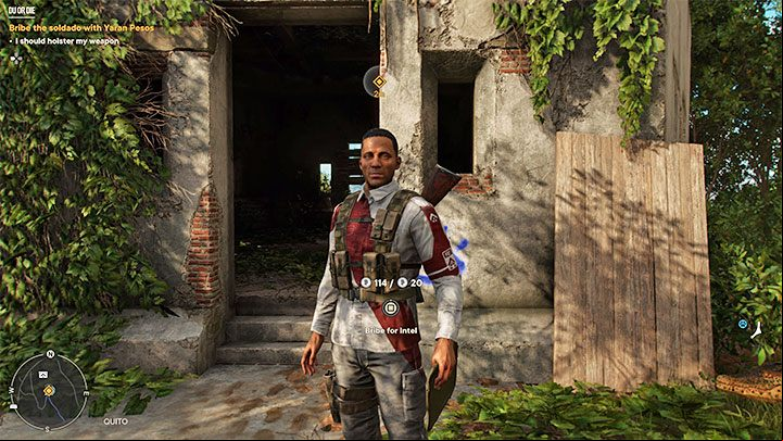 Raiza will lead you to a small building and, as instructed, you will need to hide the weapon you are currently using so as not to alarm the soldier you are about to encounter - Far Cry 6: DU or Die - walkthrough - Operations - Prologue - Far Cry 6 Guide
