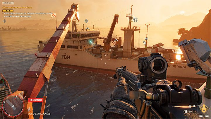 For the second ship , the plan of action is very similar - start by doing a reconnaissance with your smartphone, then swim to it and use the ladder - Far Cry 6: Libertad Rises - walkthrough - Operations - Prologue - Far Cry 6 Guide