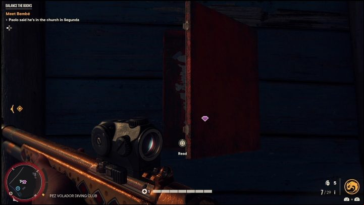 To begin the treasure hunt you must read the note you'll find in a box on the blue wall - Far Cry 6: The Missing Muse - Treasure Hunts (Valle De Oro) - Valle De Oro - Far Cry 6 Guide