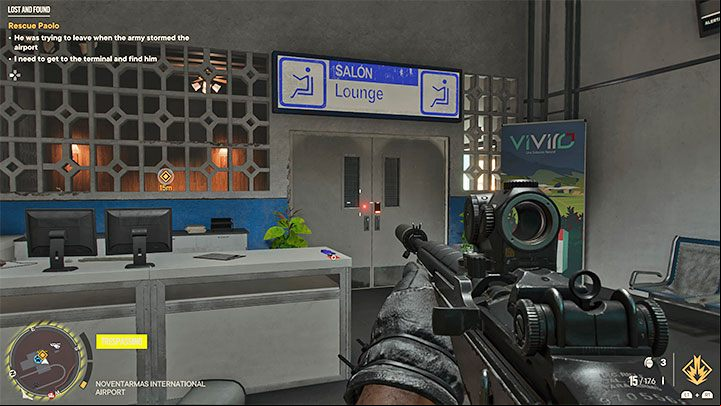 You must use your access card on the locked door of the Lounge inside the terminal - see the attached picture - Far Cry 6: Lost and Found - walkthrough - Valle De Oro - Far Cry 6 Guide