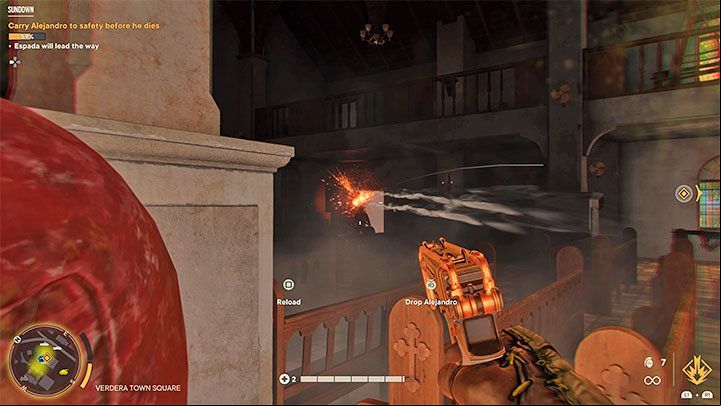 Approach the badly injured Alejandro lying on the ground and press the right analog knob to carry your ally - Far Cry 6: Sundown - walkthrough - Operations - Madrugada - Far Cry 6 Guide