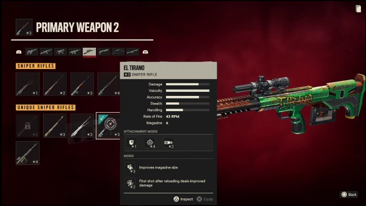 Special features: El Tirano is a sniper rifle that has the following modifications - Far Cry 6: Sniper rifles, Unique weapons - list - Unique weapons - Far Cry 6 Guide