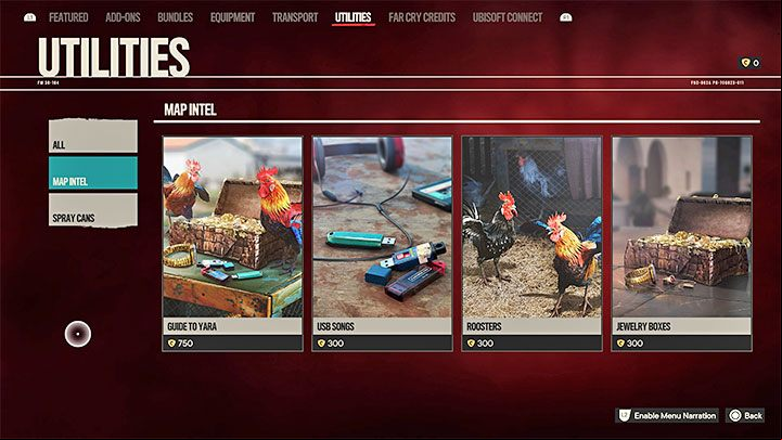 6) Utilities - This tab contains utility items, mainly maps containing secrets and collectibles - roosters, USB drives, and chests with valuables - Far Cry 6: Microtransactions - Basics - Far Cry 6 Guide