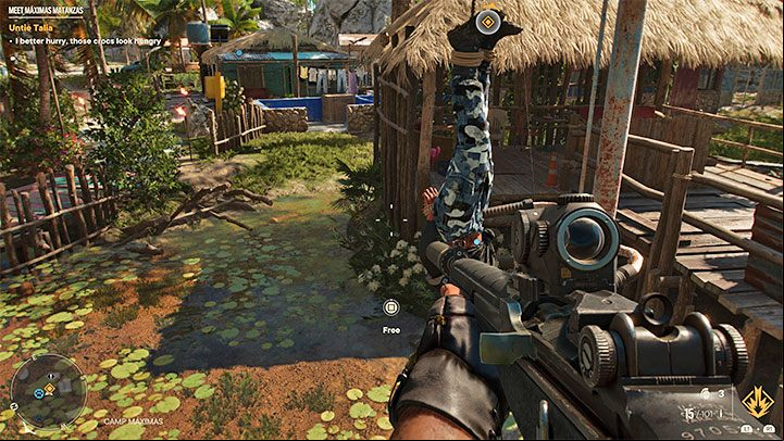 Locate Talia, who is hanging upside down in the camp and hold down the interaction button to free her and trigger a cut-scene during which you'll meet the other rebels from the camp - Far Cry 6: Meet Maximas Matanzas - walkthrough - Operations - Valle De Oro - Far Cry 6 Guide