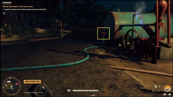 Once the power is on, all you have to do is go to the water pump, turn on the valve, and that will put out the surrounding fire all by itself - Far Cry 6: Parting Gifts - Treasure Hunts (El Este) - El Este - Far Cry 6 Guide