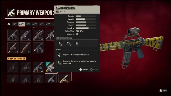 Special Features: Camo Quinceanera is a rifle that has the following modifications - Far Cry 6: Rifles, Unique weapons - list - Unique weapons - Far Cry 6 Guide