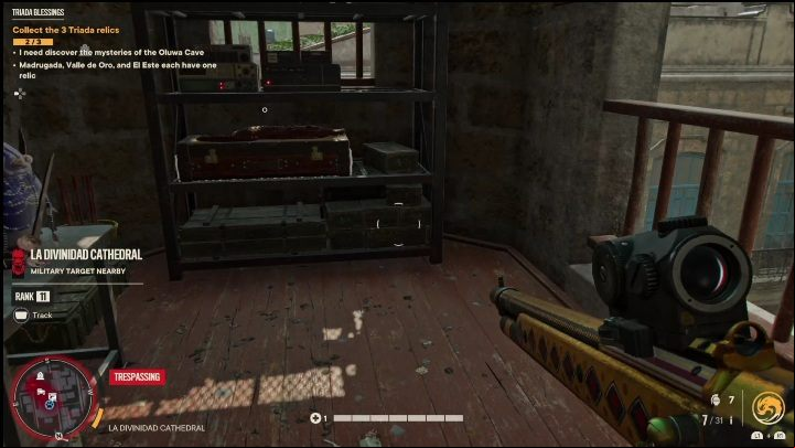 The crate is located at the top of the church, in one of the towers - Far Cry 6: Rifles, Unique weapons - list - Unique weapons - Far Cry 6 Guide
