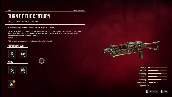 Special Features: Turn of the Century is a submachine gun initially modified with - Far Cry 6: Submachine Guns, Unique weapons - list - Unique weapons - Far Cry 6 Guide