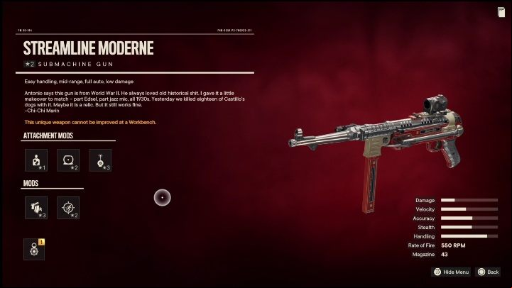 Special Features: Streamline Moderne is a submachine gun initially modified with - Far Cry 6: Submachine Guns, Unique weapons - list - Unique weapons - Far Cry 6 Guide