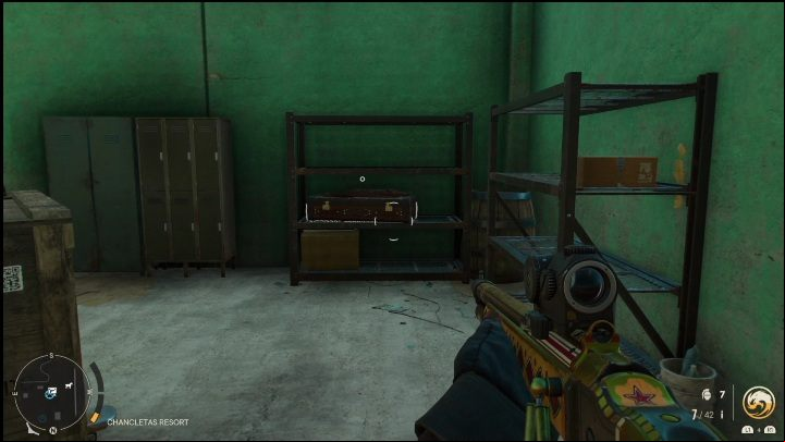 The weapons chest is located in a small room full of shelves - Far Cry 6: Light Machine Guns, unique weapons - list - Unique weapons - Far Cry 6 Guide