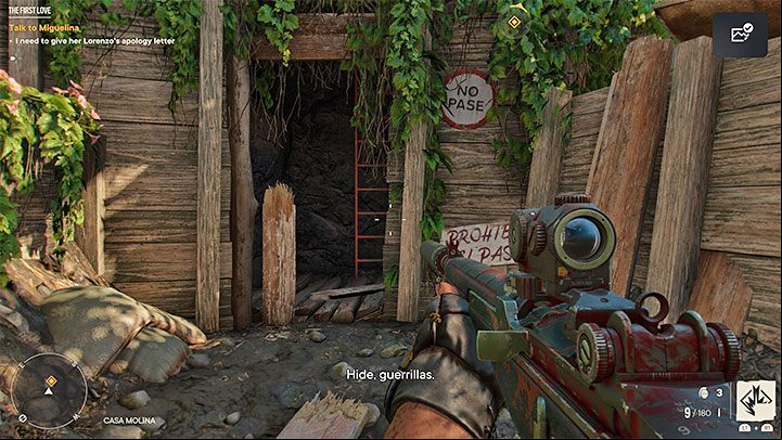 Head towards the hut surrounded by the "minefield", and try to neutralize as many traps as possible along the way, because this will make the second part of the mission a lot easier - Far Cry 6: The First Love - walkthrough - Orange stories - El Este - Far Cry 6 Guide