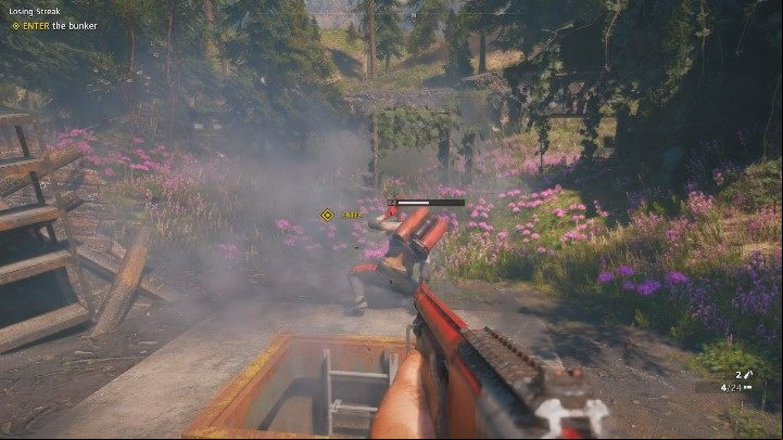 More enemies await you outside the bunker - a few of them are carrying a shield; one enemy uses a flamethrower - Losing Streak | Far Cry New Dawn Walkthrough - Story Missions - Far Cry New Dawn Guide