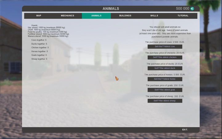 The next screen is devoted to animals - there we will find a list of all animals in our possession and food for them, as well as the option to sell the oldest individuals - Settings - The basics - Farm Expert 2017 Game Guide