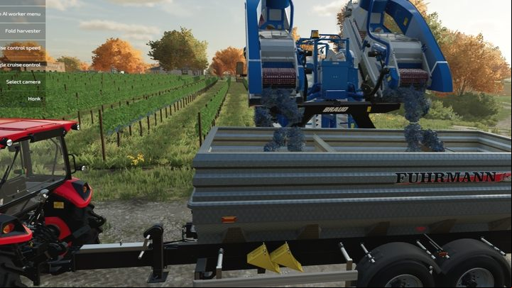 The harvesters are emptied by placing a trailer behind the harvester - Farming Simulator 22: Fruit-growing - Orchards & greenhouses - Farming Simulator 22 Guide