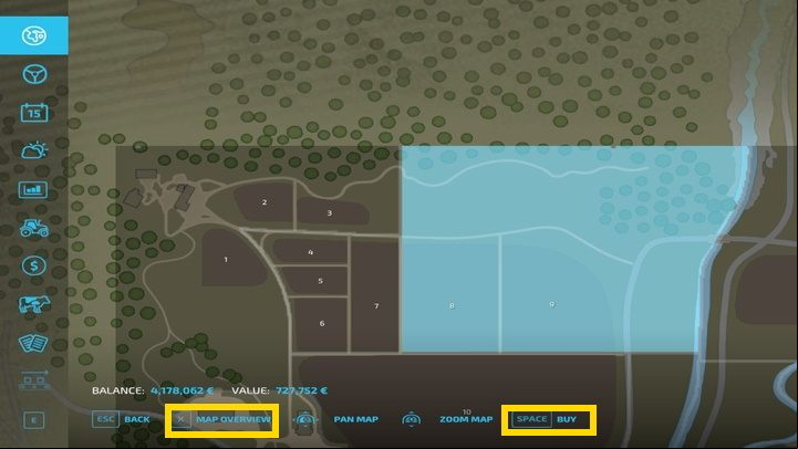To purchase a new field in Farming Simulator 22, open the world map - Farming Simulator 22: How to buy field and what to pay attention to? - Field work - Farming Simulator 22 Guide
