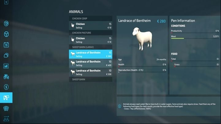 You can monitor the animals' condition - breeding, needs, produced goods - in the menu - Farming Simulator 22: Animals - how to buy? - Livestock farms - Farming Simulator 22 Guide