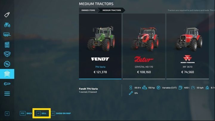 To sell a vehicle, open the shopping and select the 3rd tab from the end, with the garage icon - Farming Simulator 22: Trade, repair and modifications - Vehicles and machinery - Farming Simulator 22 Guide