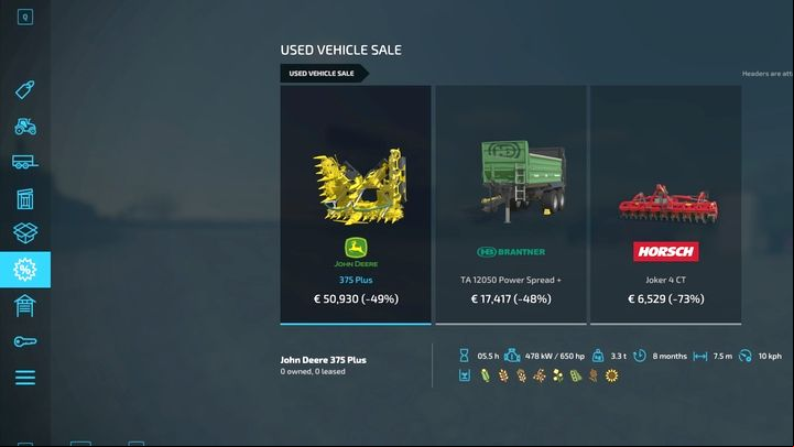 Farming Simulator 22 added the Second-hand vehicles tab in stores, making it possible to buy used machines for a much lower price - Farming Simulator 22: Trade, repair and modifications - Vehicles and machinery - Farming Simulator 22 Guide