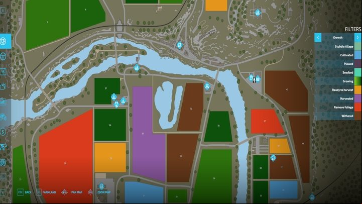The default map settings display the types of plants that are growing in the fields - Farming Simulator 22: Monitoring growth - Field work - Farming Simulator 22 Guide