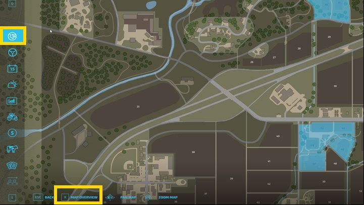 To buy or sell a plot, open the map from the menu (the first tab from the top) and switch the view mode (default X / L1 on the pad) visible in the bottom on the screen - Farming simulator 22: How to buy fields and plots? - FAQ - Farming Simulator 22 Guide