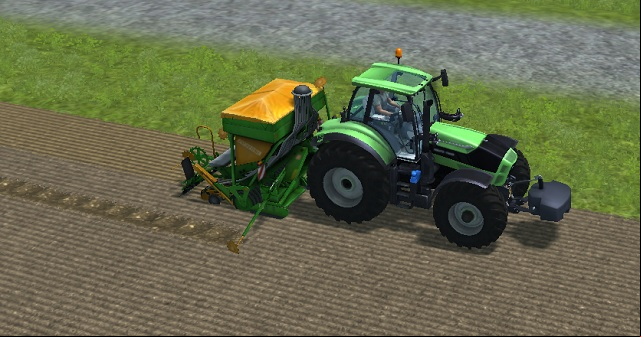 The sowing machine in work. The sowed area is yellowish, and the marker helps maintain the course. - Grains | Agriculture - Agriculture - Farming Simulator 2013 Game Guide