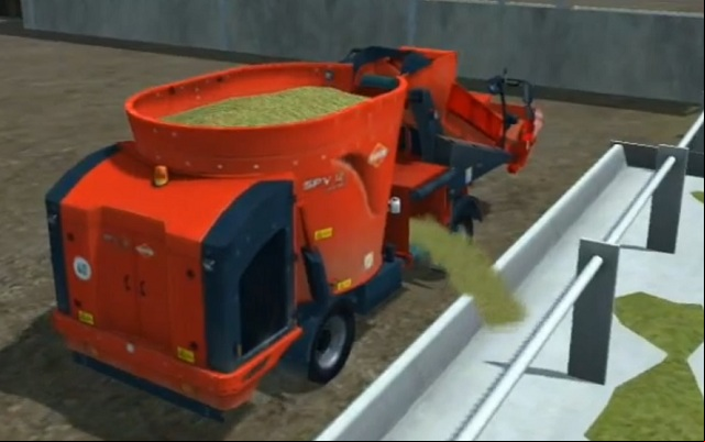 An advanced mixer wagon Kuhn SPV Confort 12 filling a manger with forage. - Cow husbandry | Animal husbandry - Animal husbandry - Farming Simulator 2013 Game Guide