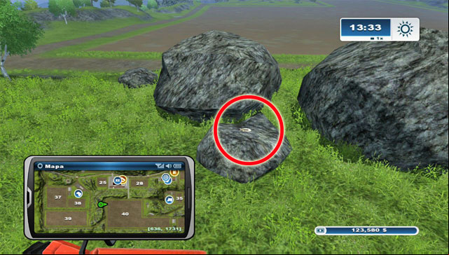 On a boulder behind the hills between fields 38, 39 and 40 - Area A: horseshoes #1-#13 | Horseshoes - Horseshoes - Farming Simulator 2013 Game Guide