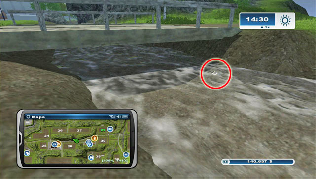 The horseshoe lies on the east side of the bridge across the river by field 28 - Area B: horseshoes #14-#24 | Horseshoes - Horseshoes - Farming Simulator 2013 Game Guide