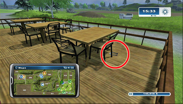 By the building to the north of the gold course theres a terrace and some tables with the horseshoe between them - Area C: horseshoes #25-#36 | Horseshoes - Horseshoes - Farming Simulator 2013 Game Guide