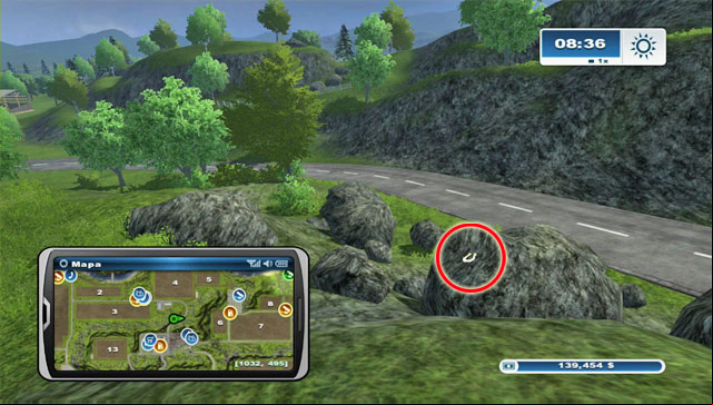By the road leading north of the town, on the left there are some boulders - Area G: horseshoes #74-#89 | Horseshoes - Horseshoes - Farming Simulator 2013 Game Guide