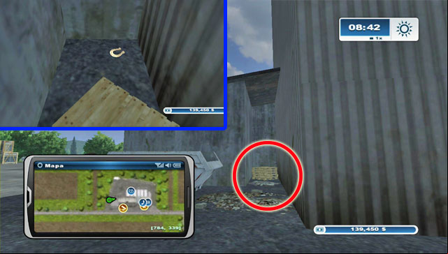 At the back of the Farm shop theres a nook with pallets - Area G: horseshoes #74-#89 | Horseshoes - Horseshoes - Farming Simulator 2013 Game Guide