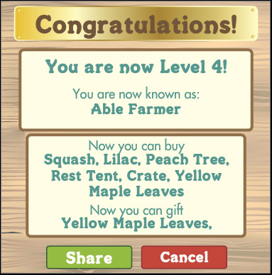 Congratulations after reaching the 4th experience level - Experience - Farm management - FarmVille - Game Guide and Walkthrough