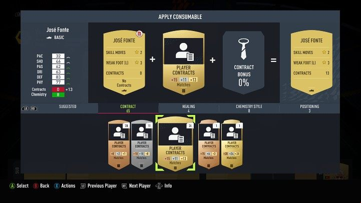 The contracts of players or managers can be extended in the squad menu - select a specific player, expand the actions menu and use the suggested card or go to the contracts menu and manually select the type of card to be used - FUT 22: Team Management - Basics - FIFA 22 Guide