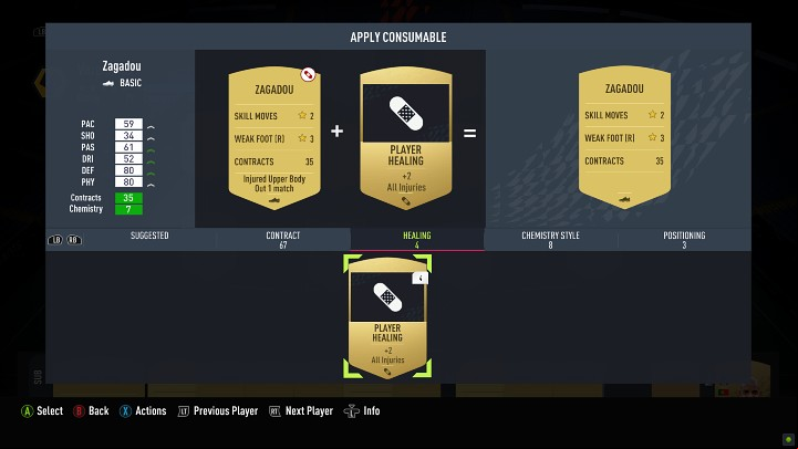 A player who gets injured can't be used for a certain number of matches, but can be healed quickly with the appropriate disposable card - FUT 22: Team Management - Basics - FIFA 22 Guide