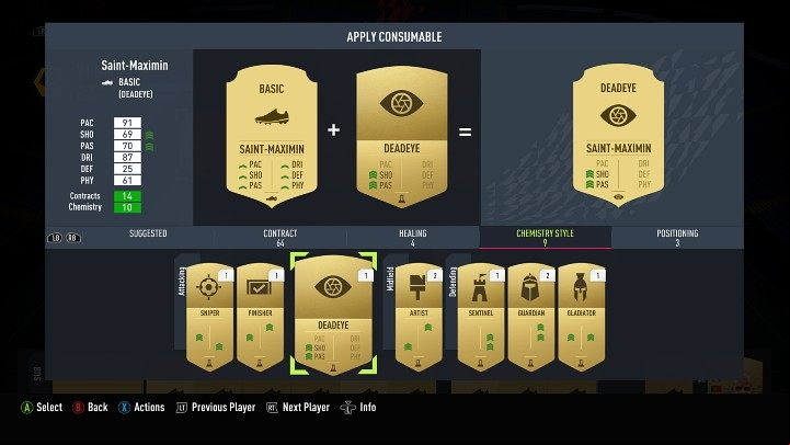 To assign a playing style card to a player, simply go to the squad menu, select the appropriate player, go to the actions menu and then select the disposable items tab - FUT 22: Team Management - Basics - FIFA 22 Guide