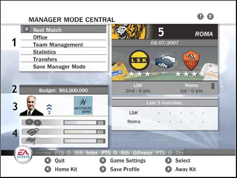 Manager Mode main menu. - Club - Manager mode - FIFA 08 - Game Guide and Walkthrough