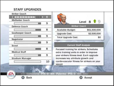 Striker Coach - train players from front formations - Office - Infrastructure - Manager mode - FIFA 08 - Game Guide and Walkthrough
