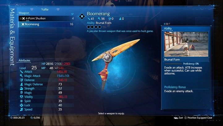 Boomerang has one additional Materia space compared to Yuffies standard weapon (4-Point Shuriken) and offers a bonus to Magic Attack, but deals lower physical damage - Final Fantasy VII Remake Intermission: Boomerang - location - Sector 7: Slums - Final Fantasy 7 Remake Guide