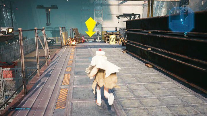 After defeating the soldiers turn right and continue to the ladder - weve marked the descent with the yellow arrow - Final Fantasy VII Remake Intermission: Prayer Materia - location - Shipping Facility - Final Fantasy 7 Remake Guide