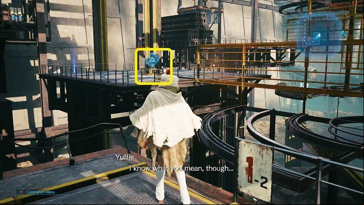 Stand in the location shown in the screenshot above and activate the same switch to rotate the yellow railing - Final Fantasy VII Remake Intermission: Elemental Materia - location - Shipping Facility - Final Fantasy 7 Remake Guide