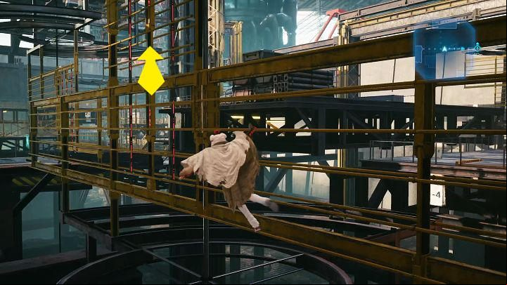 Grab a hold of the railing and continue forward - Final Fantasy VII Remake Intermission: Elemental Materia - location - Shipping Facility - Final Fantasy 7 Remake Guide
