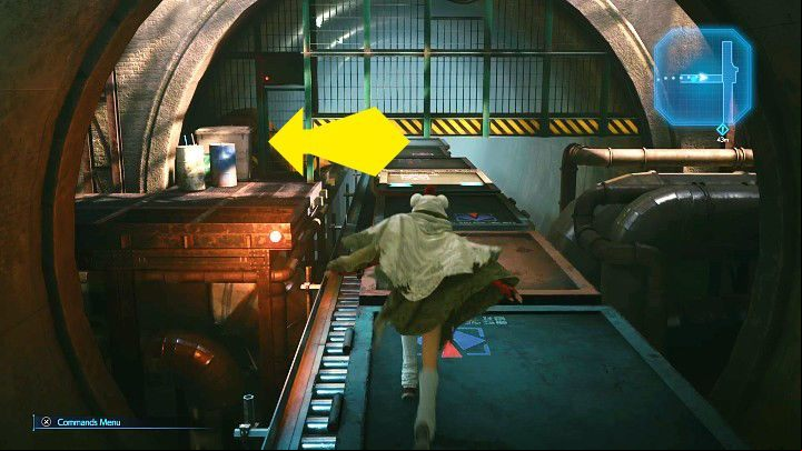 While jumping between wagons take a look at the area on the left (marked by a yellow arrow) - Final Fantasy VII Remake Intermission: Magic Up Materia - location - Main Pillar Mainenance Facility - Final Fantasy 7 Remake Guide