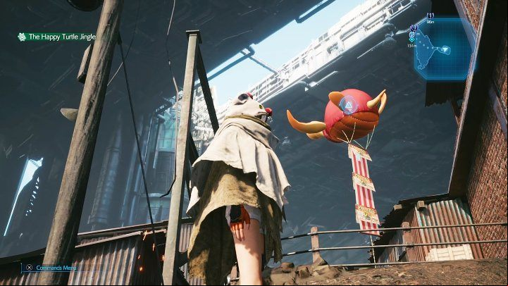 Jump on the crate to find yourself in the location shown in the screenshot above and throw a shuriken at the balloon - Final Fantasy VII Remake Intermission: The Happy Envoy - walkthrough - Side quests - Final Fantasy 7 Remake Guide