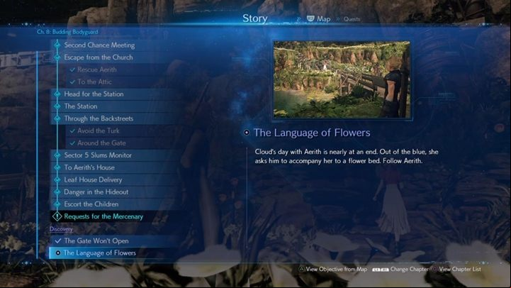 To see this scene, you must complete all side missions in the sector: The Mysterious Moogle Merchant, Kids on Patrol, Weapons on a Rampage, A Verified Hero, The Angel of the Slums, Paying Respects - Final Fantasy 7 Remake: The Language of Flowers discovery, walkthrough - Discoveries - Final Fantasy 7 Remake Guide
