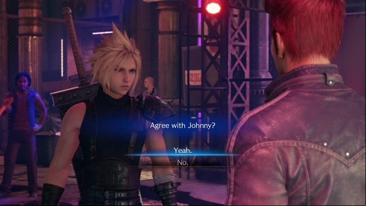 When you get to Johnny, talk to him and then choose the options to agree with the man - Final Fantasy 7 Remake: Vagabond Johnny discovery, walkthrough - Discoveries - Final Fantasy 7 Remake Guide
